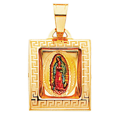 14K Yellow Gold Guadalupe Enamel Picture Religious Pendant For Chain