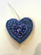 Two-tone Blue Felt Heart All-occasion Ornament handmade, beads  sequins