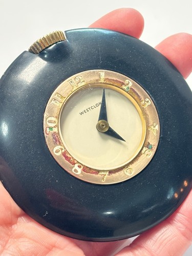 WORKS VTG 1930's WESTCLOX Art Deco Black Bakelite Pocket Watch Style Purse Clock - Picture 5 of 9