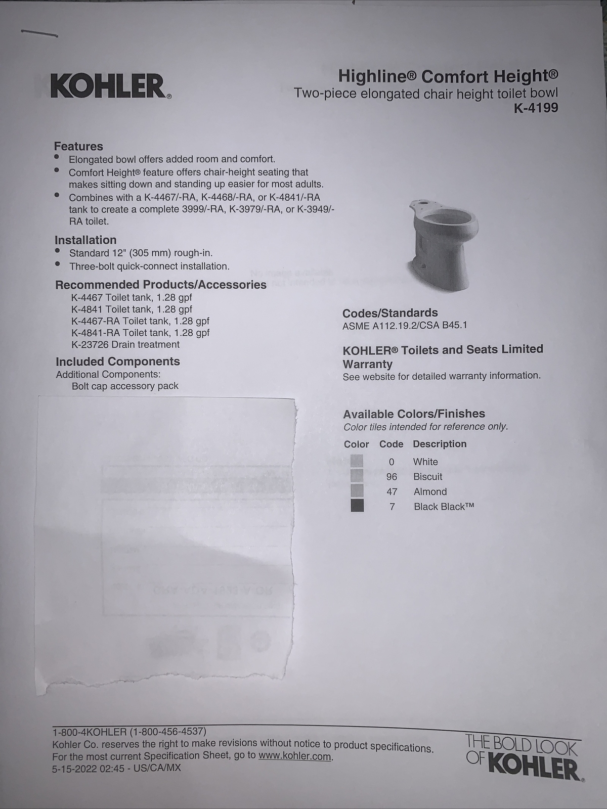 Kohler K4199 Highline Floor Mount Toilet Bowl only eBay