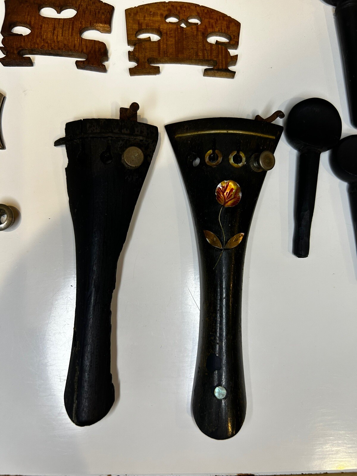Lot of Vintage Antique Violin Parts Pegs, Tailpiece, Chin Rest