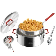 10QT Aluminum Fish Fryer Pot with Basket | Deep Fryer with Lid | Thermometer ...