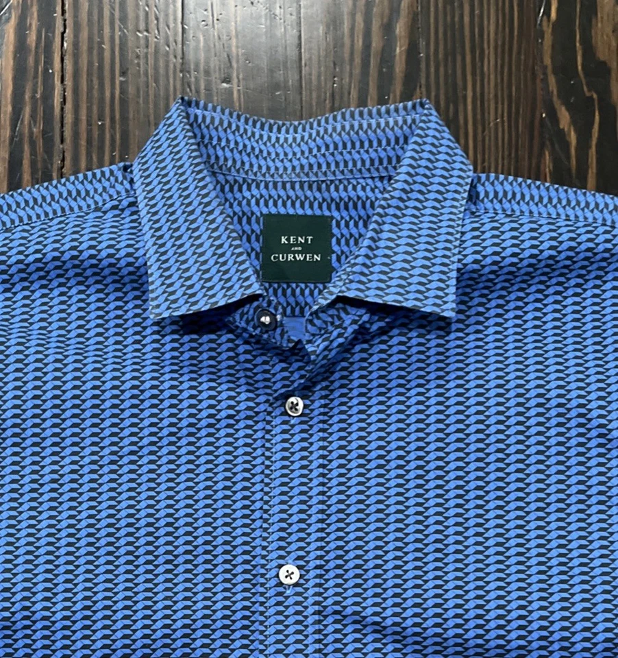 Kent And Curwen Long Sleeve Button Up Shirt Men’s Large Blue Black Geometric - Image 2 of 4