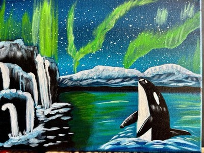Orca Whale Northern Lights Seascape Painting Night Sky Iceberg Unframed