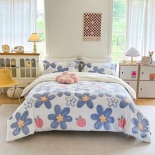 Fleece Comforter Set - 3 Piece Queen Size Thick Queen 90"x90" Blue Floral