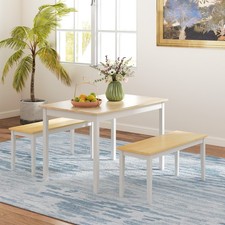 Farmhouse Dining Table and Bench Set with Wood Frame for Dining Room, Kitchen