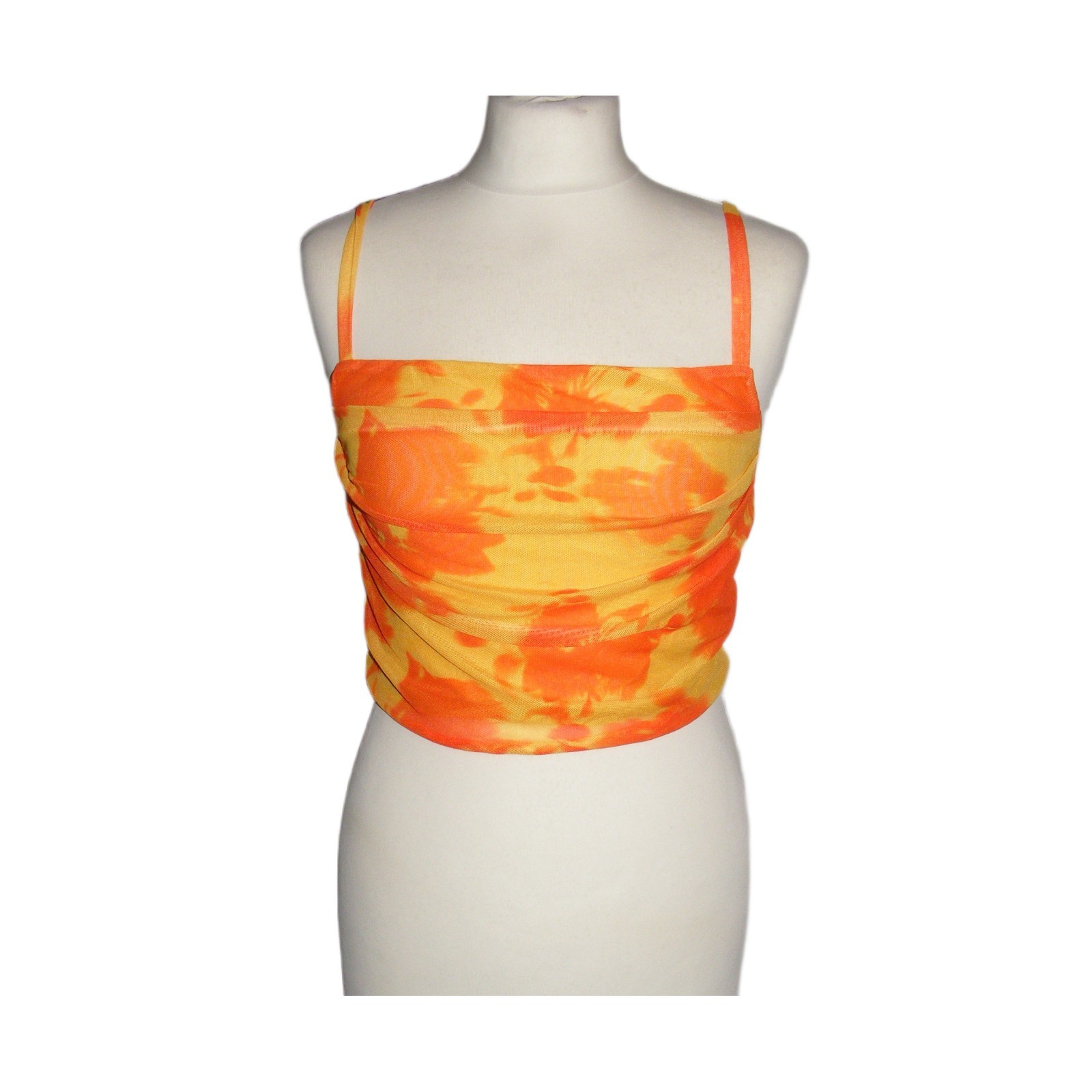 Princess Polly mesh crop top Y2K cami size 8 ruched strappy orange yellow print