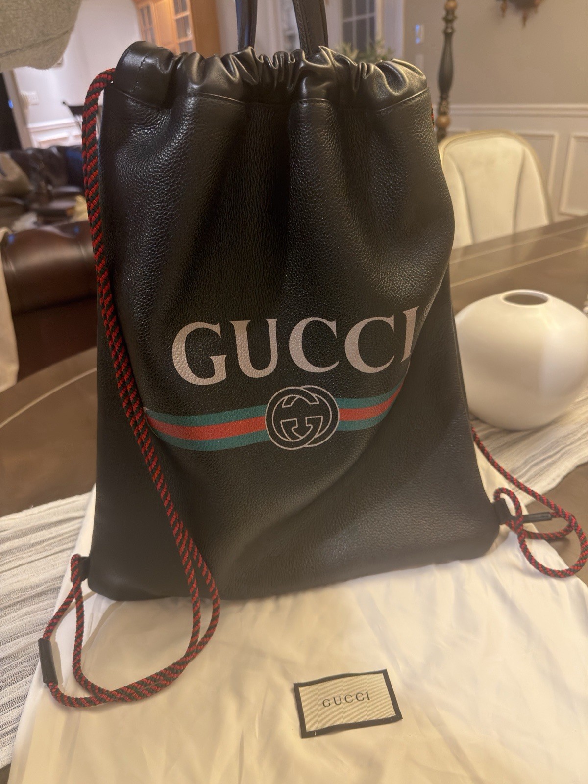 Authentic Gucci Leather Drawstring Backpack Black… - image 1