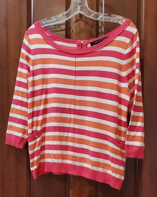 89th & MADISON size M pink orange white striped wide scoop neck sweater knit top
