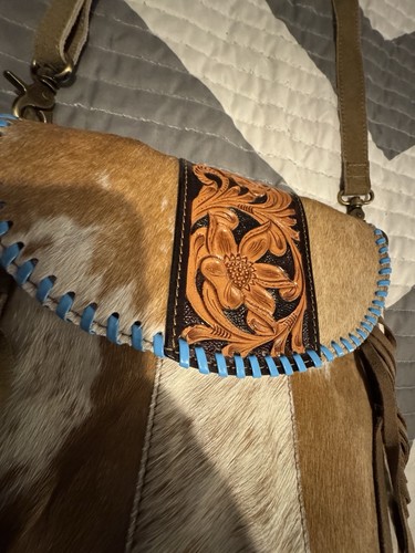 Leather Crossbody Bag W/Hsir On Cowhide Teal Lacing & Fringe NEW - Picture 4 of 14