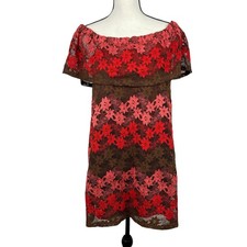 Umgee USA Women's Off‑Shoulder Lace Mini Dress Small Red Brown Floral Boho