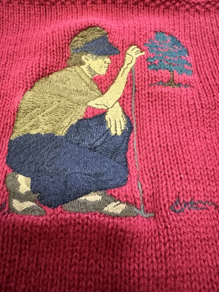 Винтажный мужской свитер для гольфа Isle of Cotton L красный жаккардовый вязаный вышитый гольфист США - Изображение 3 из 4
