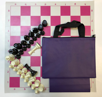 Chess Set Combo: Purple Bag w/ Loop, Pink Board, Black & White Chess Pieces 