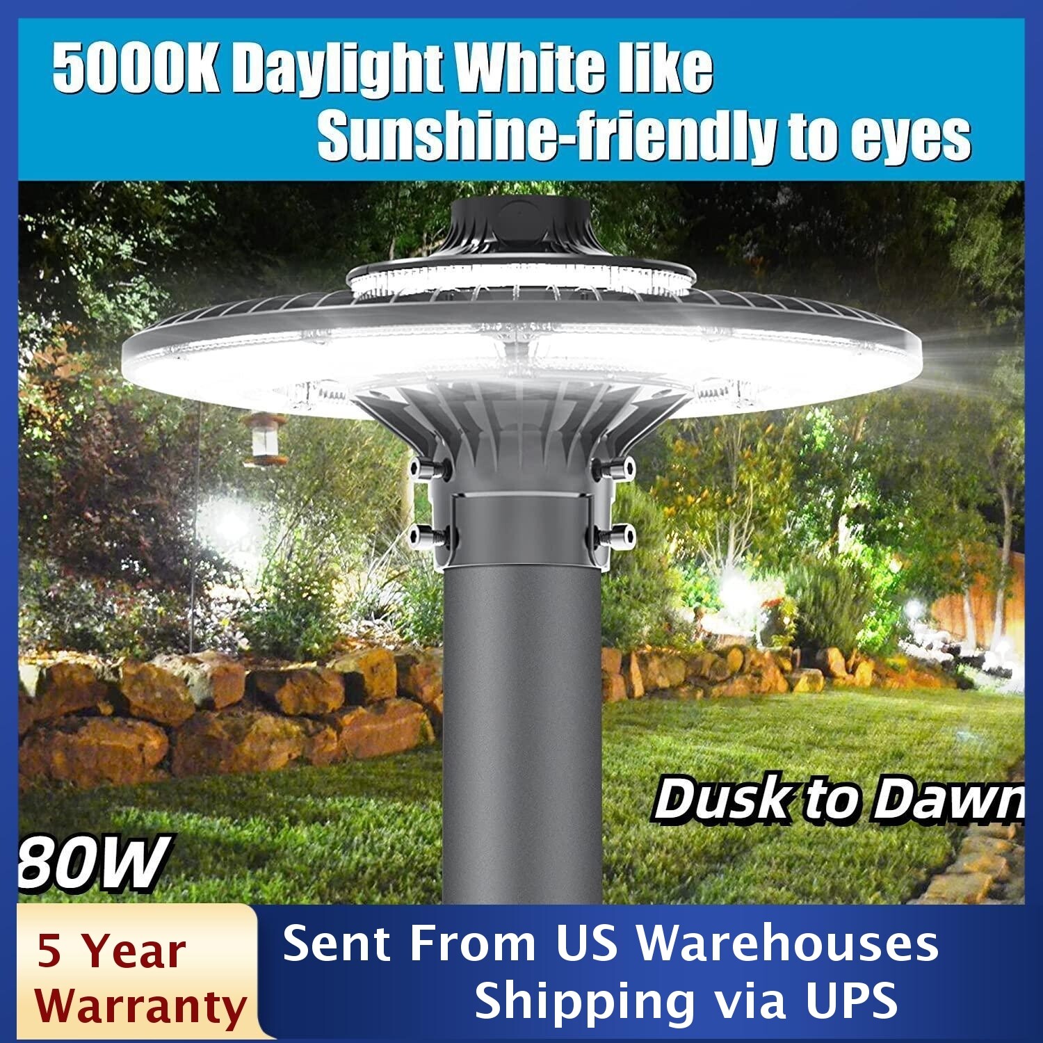 80W Dusk to Dawn LED Post Light for Outdoor Garden Pole Lighting