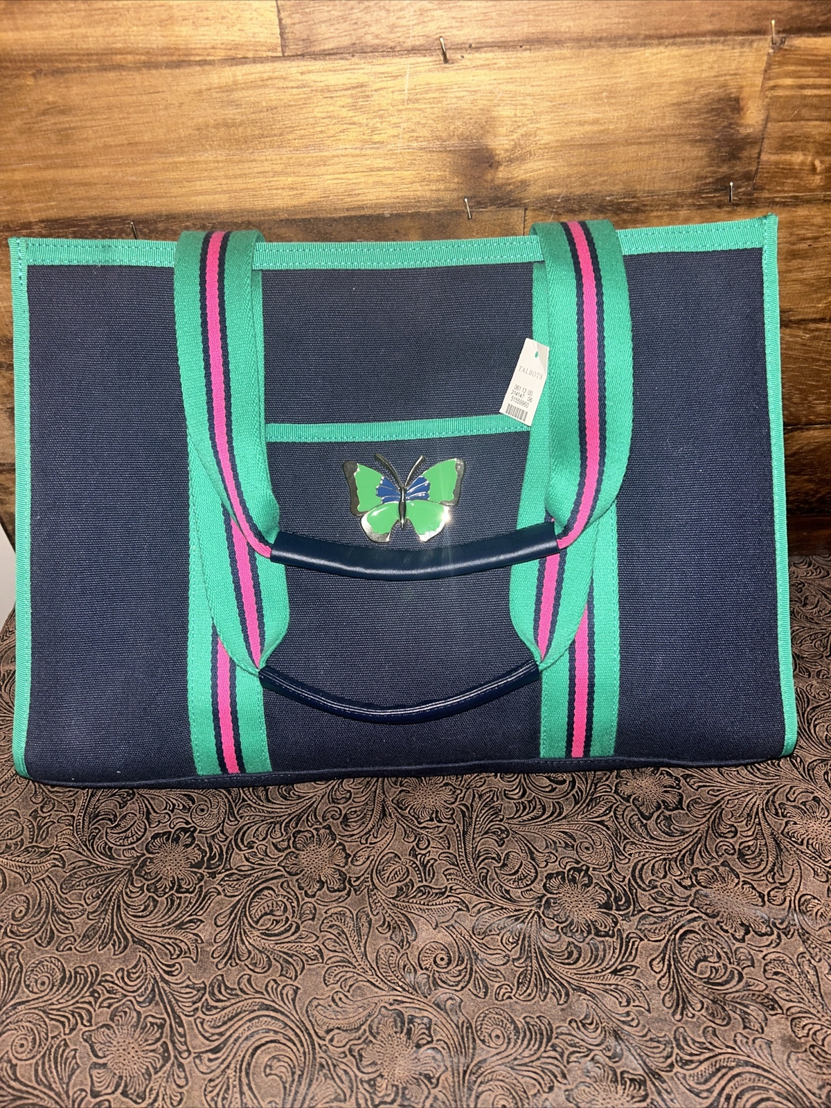 TALBOTS BUTTERFLIES Navy Blue W Pink Green Stripes Large Tote Bag-Rare-NWT