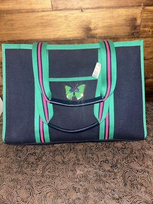 TALBOTS BUTTERFLIES Navy Blue W Pink Green Stripes Large Tote Bag-Rare-NWT