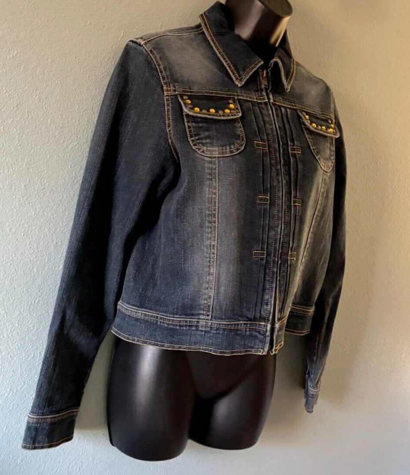 Ruff Hewen Denim Jacket Womens Size Medium Full Zip Jeweled Accent Pockets - Image 4 of 4