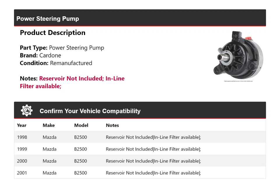 Bomba de dirección asistida Cardone 1999 2000 para Mazda B2500 1998-2001 Foto 2 de 4