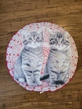 Vintage Lesley Ann Ivory -Tabby Cat Round Red Pillow, Gray Kittens - Toy Works