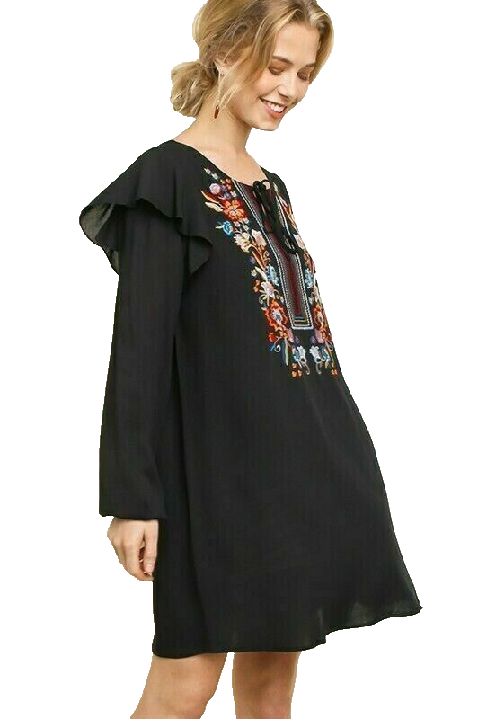 S UMGEE BOUTIQUE BLACK floral Embroidered Tie Neck Dress/Tunic BHCS | eBay