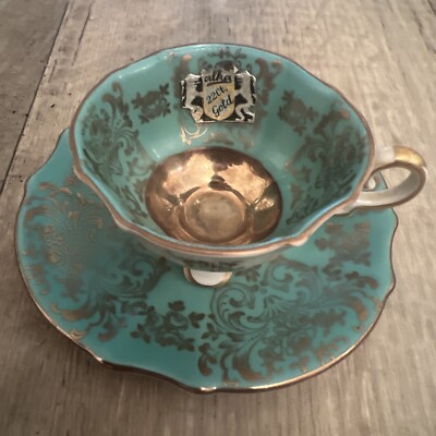 Alka Bavaria Min Tea Cup & Saucer. #665Green 22k Gold & Antique