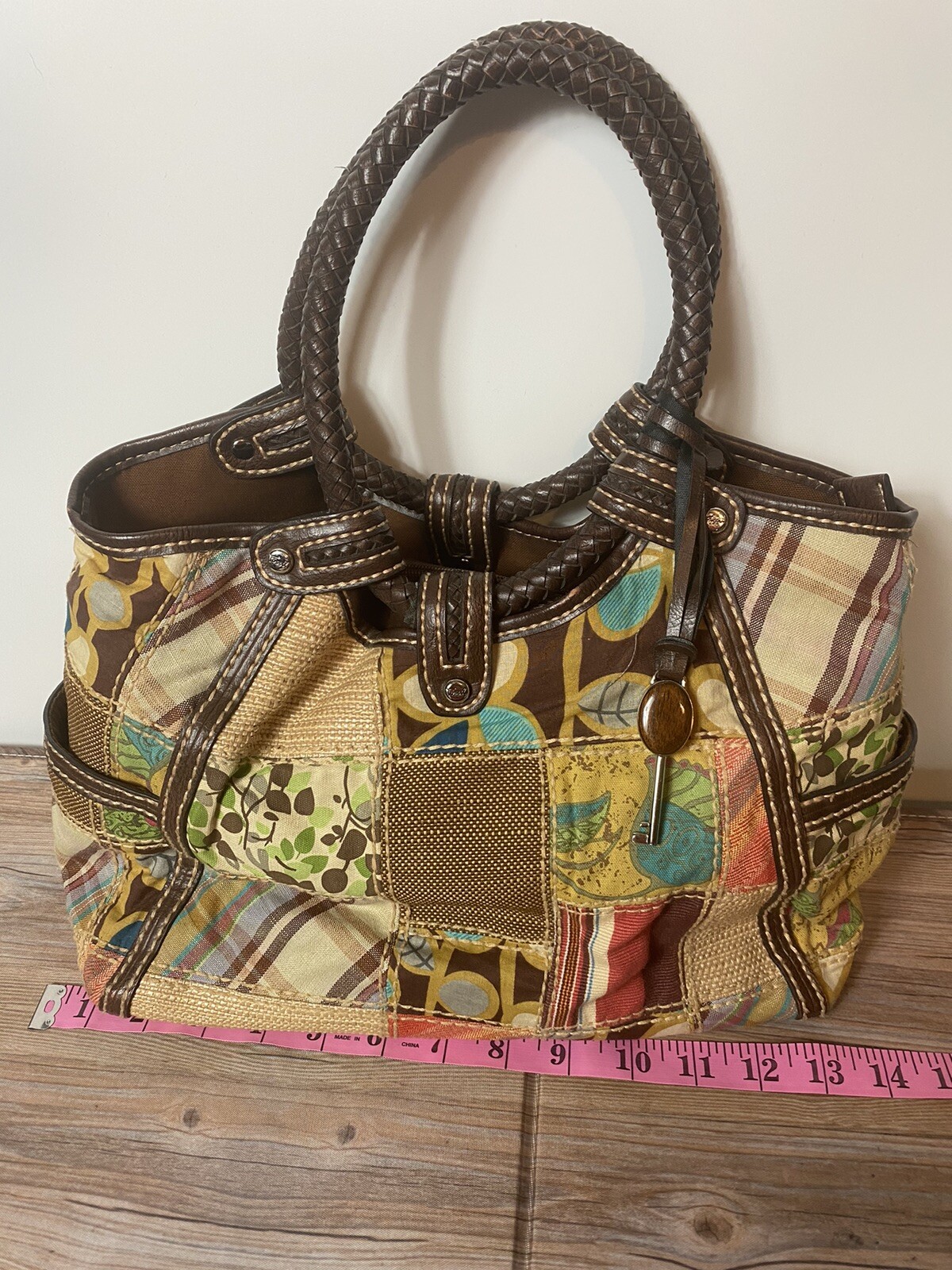 Fossil Round Leather Handle Patch Work Purse - image 7