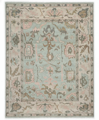 Hand-Knotted Oushak Style Rug - 8x10 Large Area Rug - Sage Green & Blush Pink
