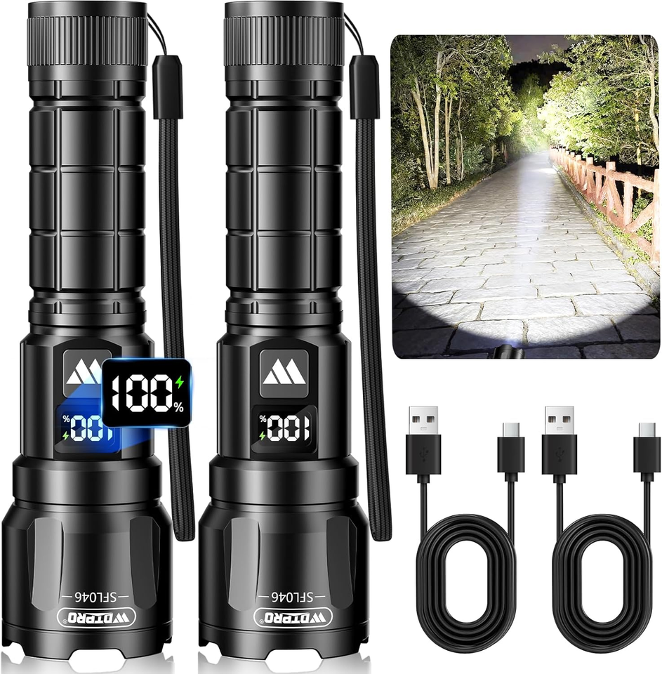 LED Rechargeable Flashlight 2Pack, 3Modes Super Bright High Lumens ...