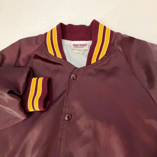 Hartwell Sports Vintage Satin Bomber Varsity Jacket Mens M Maroon Striped Trim - product listing photo