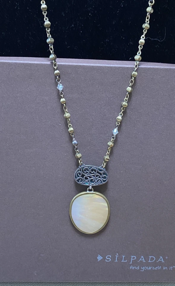 Collar Silpada Plata Esterlina 925 Perla Cristal Latón Oyster Bay N2455 Foto 2 de 4