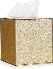 Square Leather Tissue Box Cover PU Cube Holder with Magnetic Bottom, Gold