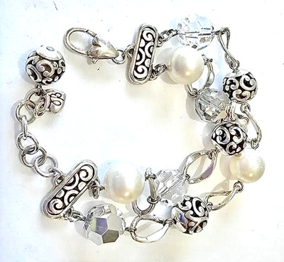 BRIGHTON CONTEMPO CHIC CRYSTAL+PEARL+METALLIC BEAD SLVR 2STRAND BRACELET NWT $74