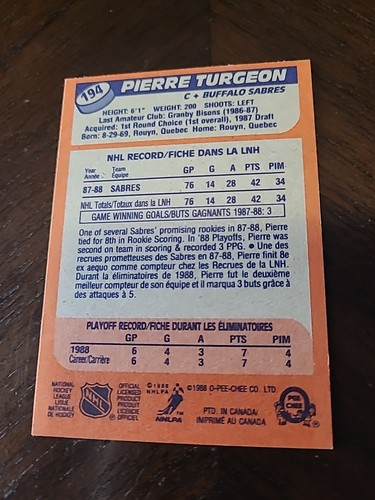 1988 O Pee Chee Hockey Pierre Turgeon Rookie # 194 - Bild 3 von 3