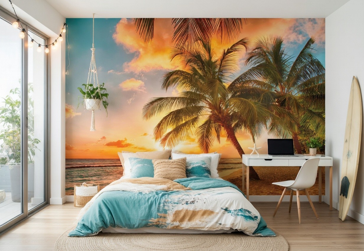 Bedroom Picture wallpaper WALL MURAL 312x219cm orange beach sunrise palms sea
