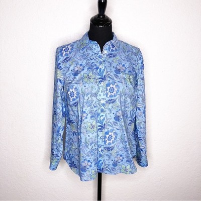 Talbots blue white green floral pineapple button down top Medium Petite MP NWT