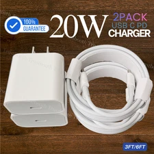 2Pack USB-C PD Fast Charger For iPhone 14 13 12 11 20W Power Block Type C Cable
