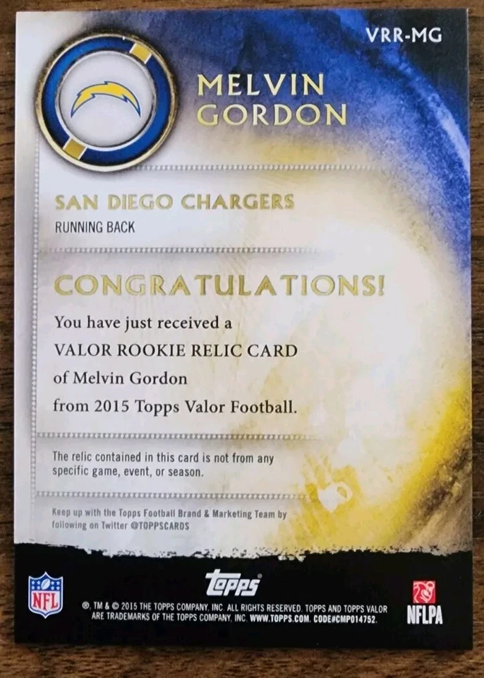  Melvin Gordon Rookie Card RC Patch/Jersey From 2015 Topps Valor - Image 2 of 2