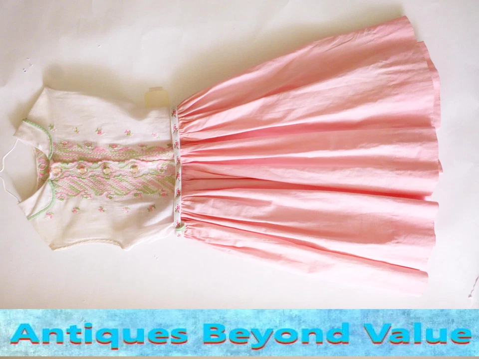 Vestido Vintage Rosa y Blanco Bordado Algodón Francés Años 30 Cinta Original Foto 3 de 4