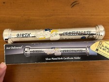 Silver Plated Painted Stork Birth Certificate Holder GODINGER Silver Baby Nib