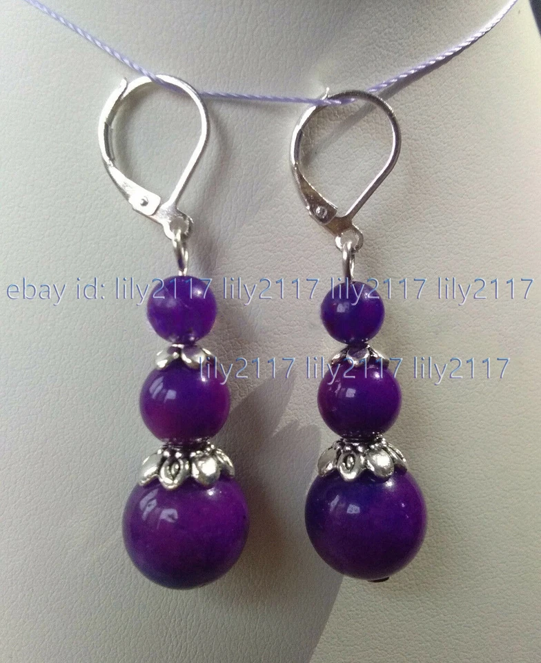 Encantadores pendientes colgantes de plata con piedras preciosas de sugilita púrpura redondos naturales de 6-8-12 mm Foto 2 de 3