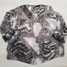 NEXT Casual Top Blouse Size 20 Brown Abstract Keyhole Sheer Long Bell Sleeve