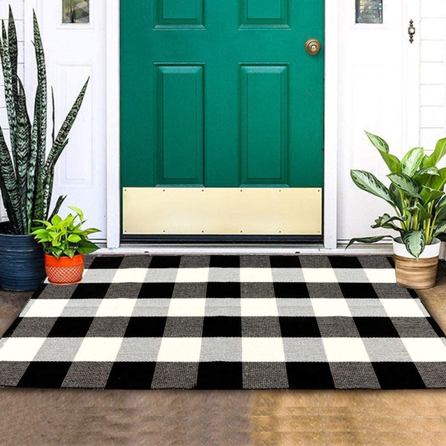 OurWarm Cotton Buffalo Plaid Rug Black and White Buffalo Check Outdoor