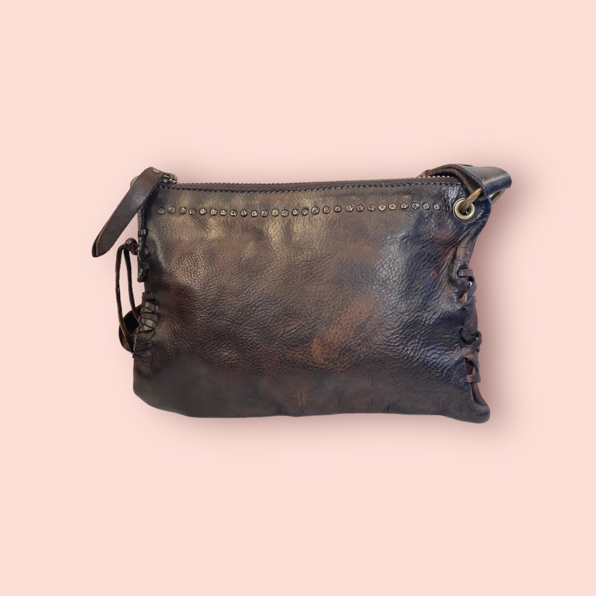 FRYE Samantha Luxury Designer Brown Leather Studded Laced Top Zip Crossbody  Bag