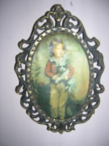VTG ANTIQUE PICTURE BOY with DOG PHOTO on SILK BRONZE BRASS METAL FRAME