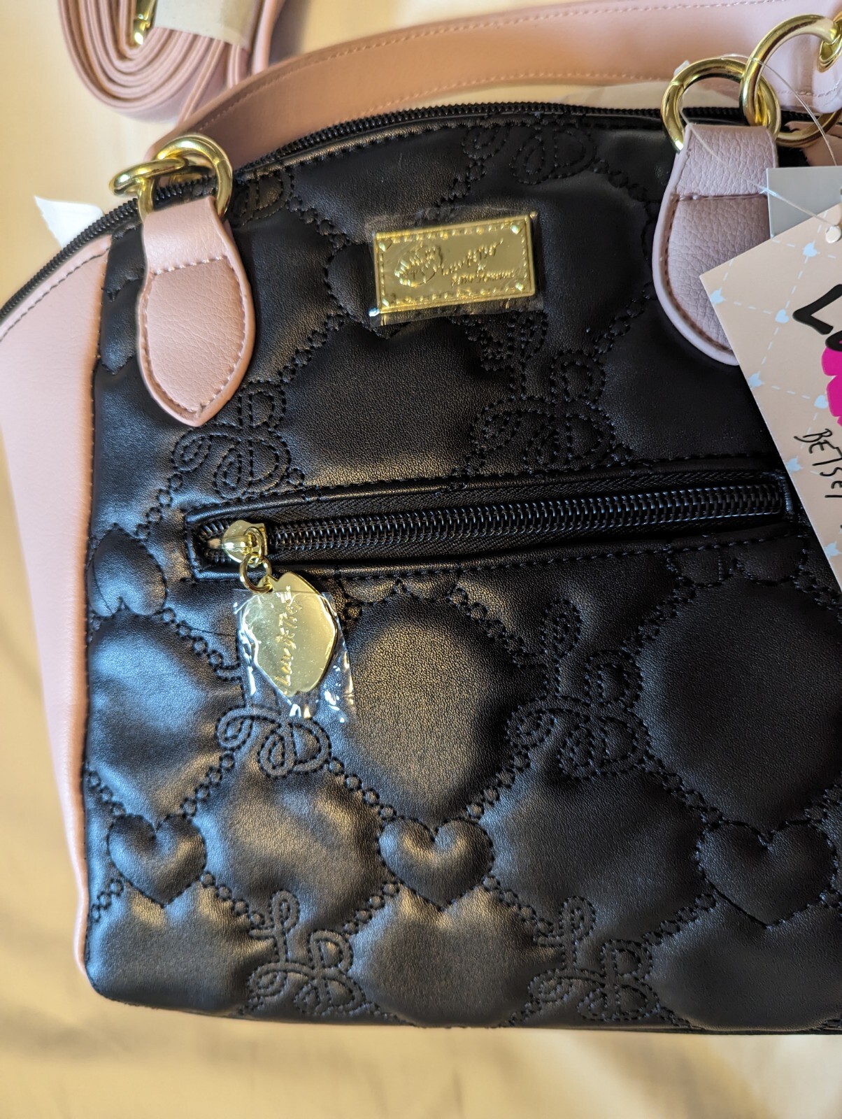 Luv Betsey Johnson Pink/Black Quilted Hearts Crossbody Handle Handbag