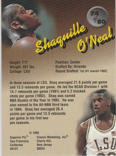 SHAQUILLE O'NEAL College Basketball LSU TIGERS Superior Pix Insert Card SHAQ! - Picture 2 of 2