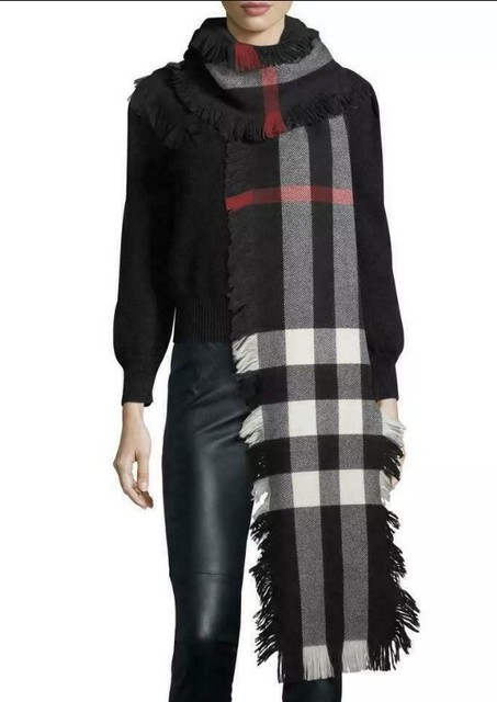 fringed check wool scarf