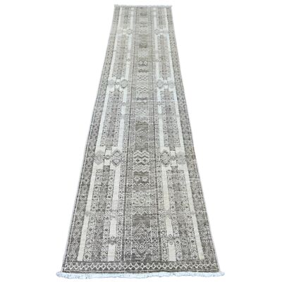 2'5''x11'6'' Brown Berber Influence Geometric Wool Hand Knotted Runner Rug R20937