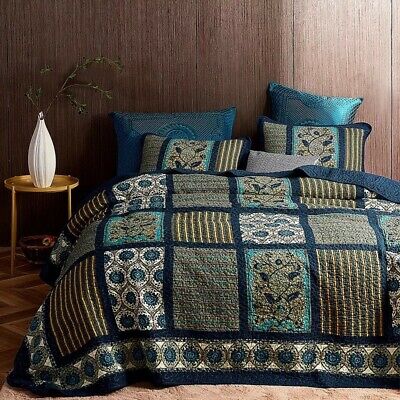 3pc Navy Blue Yellow Patchwork Cotton, Blue And Yellow Bedding King Size