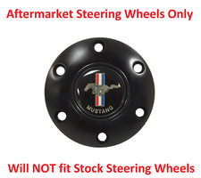 6 Hole Black Steering Wheel 70mm Horn Button - Ford Mustang Emblem Tri Bar Pony